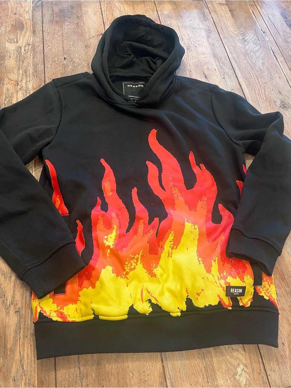 Reason Black Hoodie with Red, Orange & Yellow Flame Graphic M Streetwear